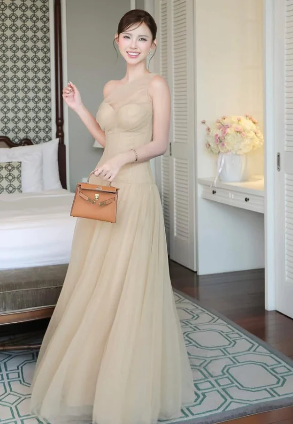 Classic A Line One Shoulder Blue Tulle Long Prom Dress Evening Dress