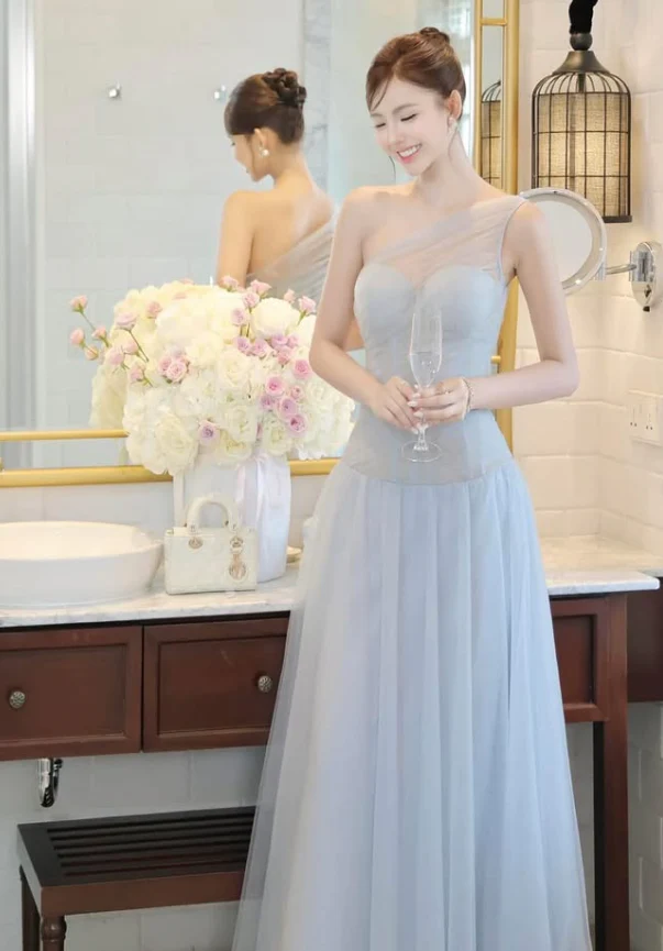 Classic A Line One Shoulder Blue Tulle Long Prom Dress Evening Dress