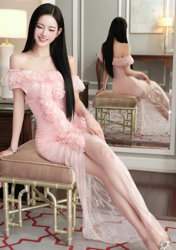 Classic Sheath Off the Shoulder Pink Lace Long Prom Dress Evening Dress