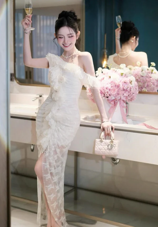 Classic Sheath Off the Shoulder Pink Lace Long Prom Dress Evening Dress