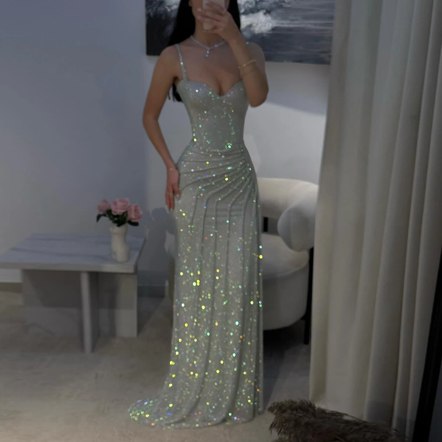 Classic Sliver Tulle Spaghetti Strap Prom Dress Women Graduation Birthday Party Dress