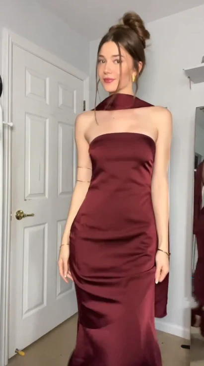 Classy Burgundy Satin Mermaid Long Prom Dress Party Gown With Ribbon