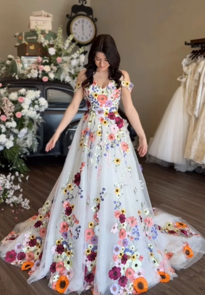 Colorful Floral Embroidered Wedding Dress Dreamy 3D Floral Princess Prom Dresses Off Shoulder A-Line Tulle Bridal Gowns