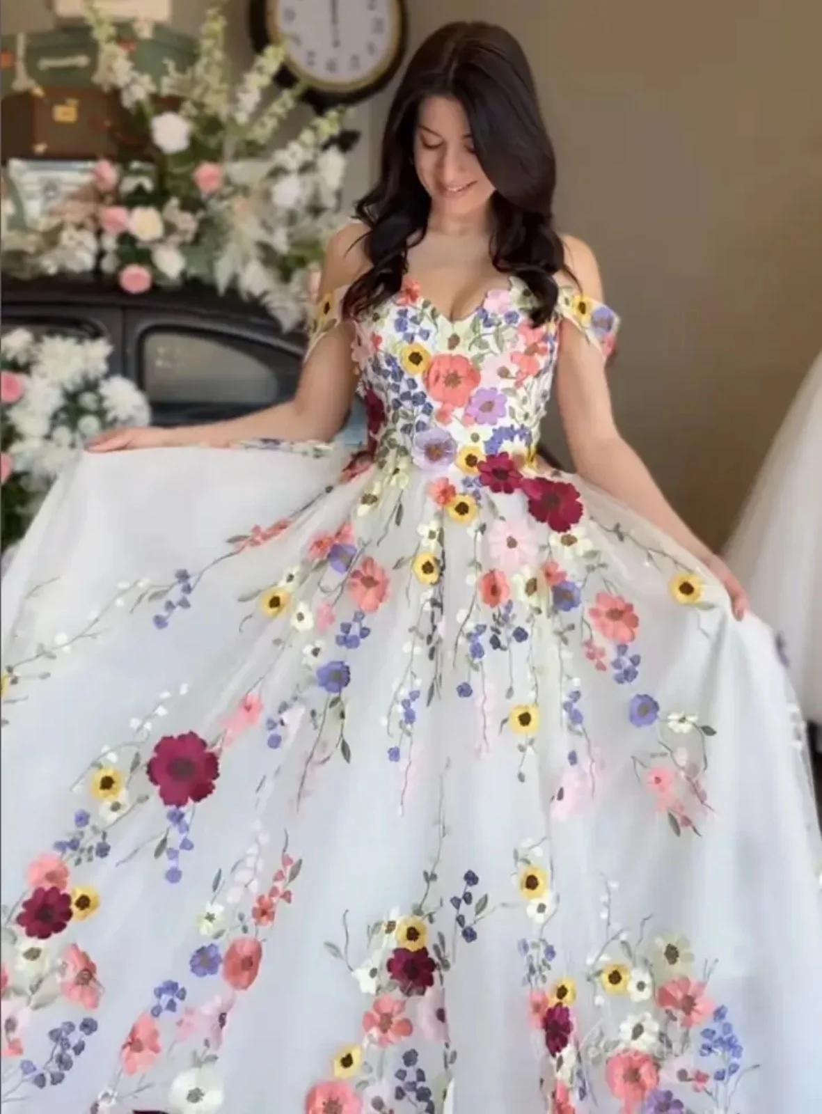 Colorful Floral Embroidered Wedding Dress Dreamy 3D Floral Princess Prom Dresses Off Shoulder A-Line Tulle Bridal Gowns