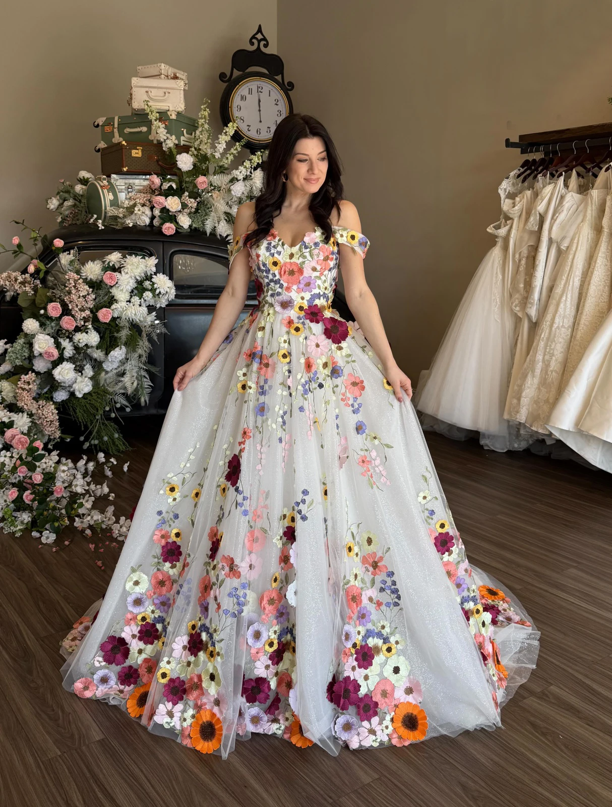 Colorful Floral Embroidered Wedding Dress Dreamy 3D Floral Princess Prom Dresses Off Shoulder A-Line Tulle Bridal Gowns