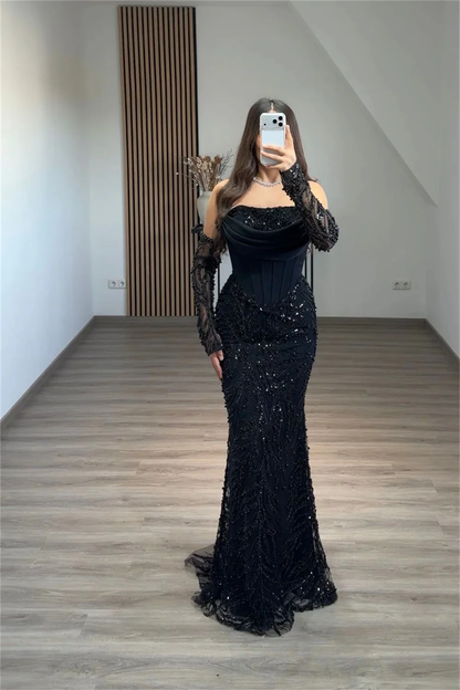 Custom Black Shiny Sequin Beaded Strapless Backless Corset Prom Dress Mermaid Formal event dress