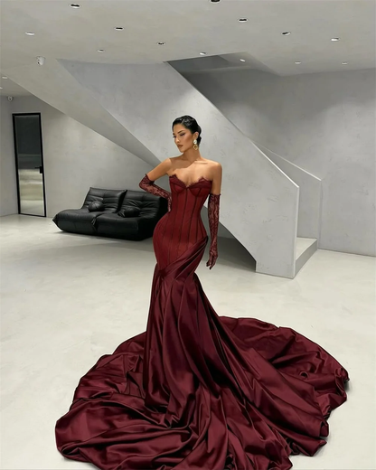 Custom Wine red Strapless Prom Dress With Lace sleeves Formal evening events