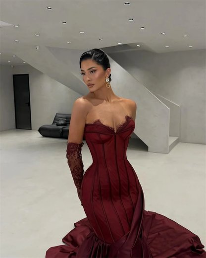 Custom Wine red Strapless Prom Dress With Lace sleeves Formal evening events