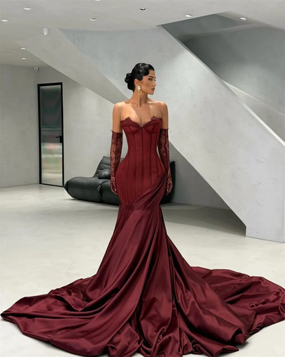 Custom Wine red Strapless Prom Dress With Lace sleeves Formal evening events