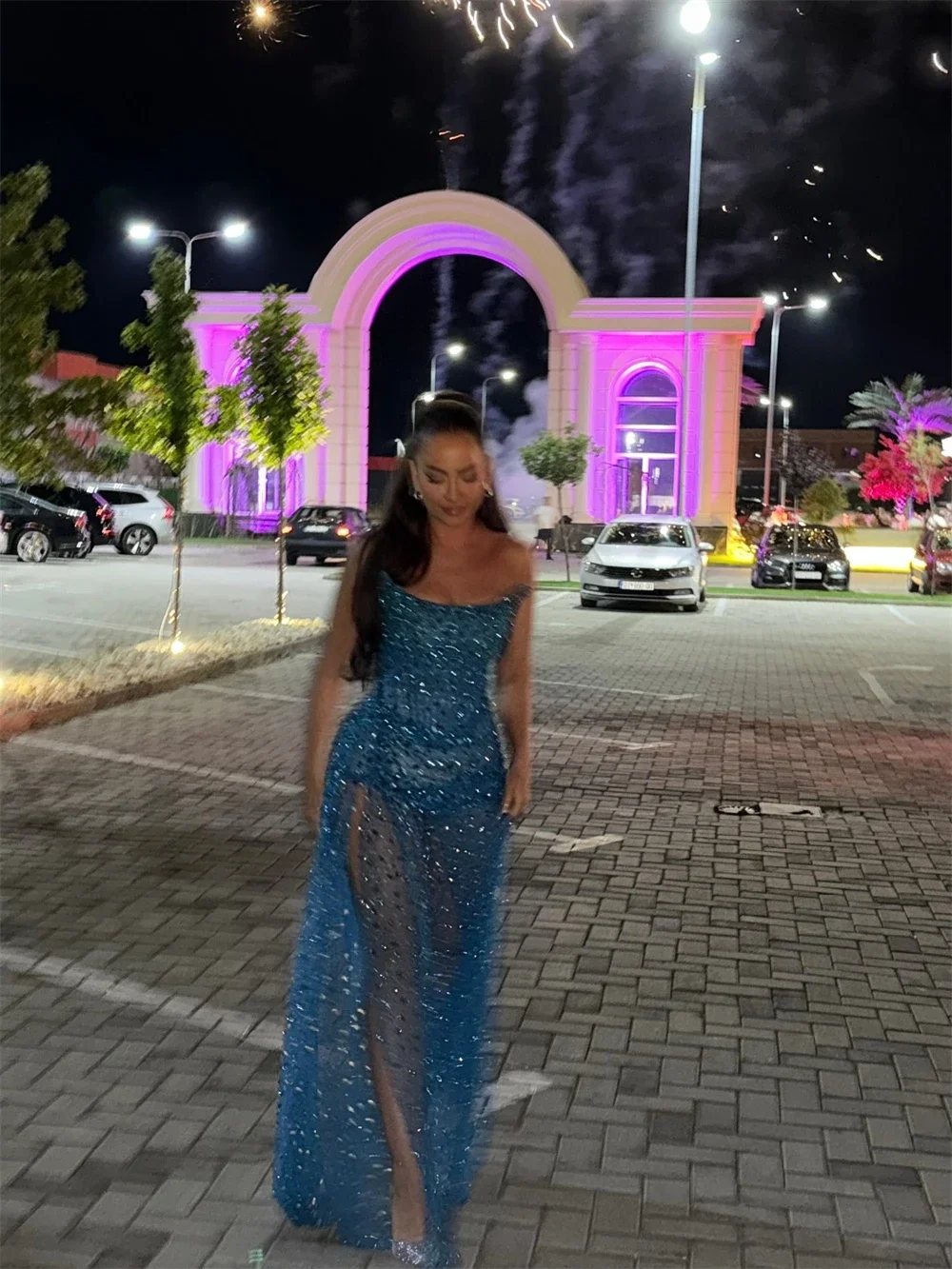 Customized Blue Side Split Corset Sleeveless Prom Dress Rhinestones Illusion Floor-Length Formal Gown