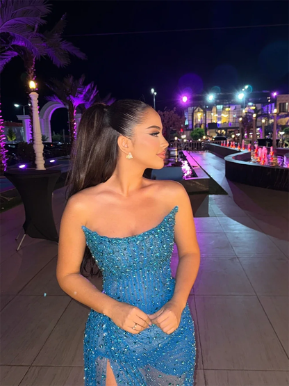 Customized Blue Side Split Corset Sleeveless Prom Dress Rhinestones Illusion Floor-Length Formal Gown