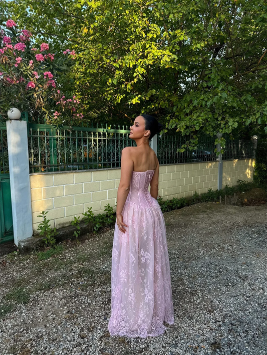Customized Light Pink Lace A-line Prom Dress Strapless Lace-up Back Floor-length Formal Evening