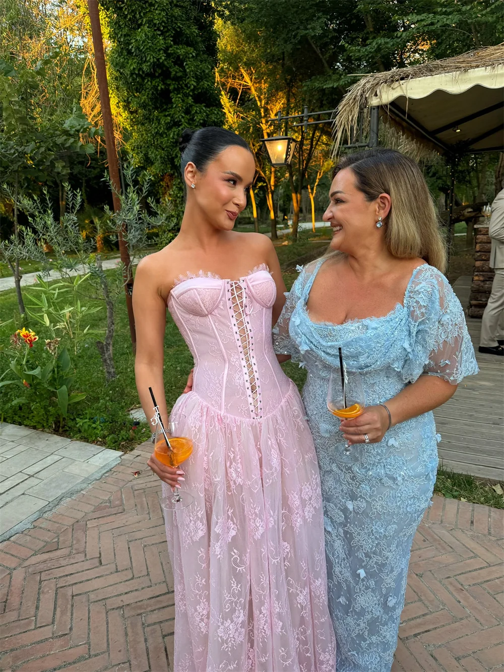 Customized Light Pink Lace A-line Prom Dress Strapless Lace-up Back Floor-length Formal Evening