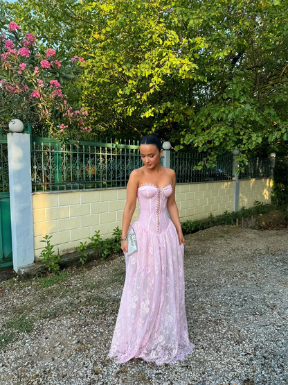 Customized Light Pink Lace A-line Prom Dress Strapless Lace-up Back Floor-length Formal Evening