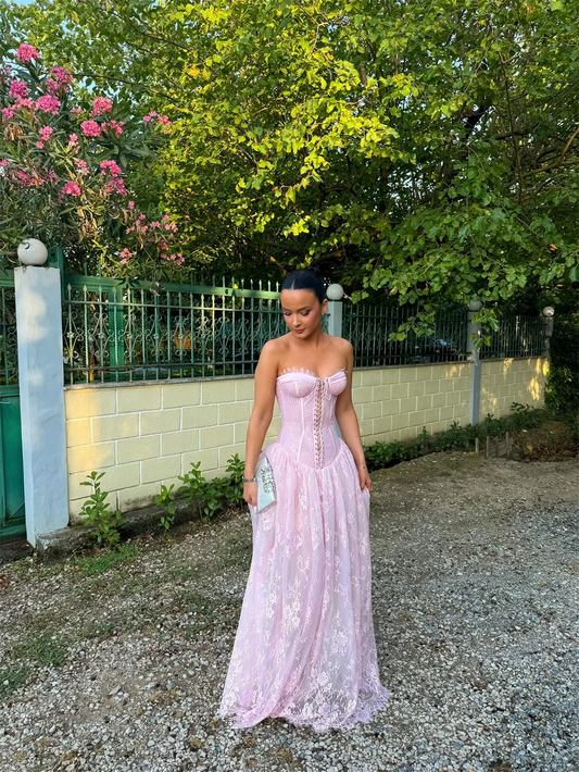 Customized Light Pink Lace A-line Prom Dress Strapless Lace-up Back Floor-length Formal Evening