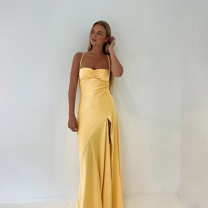 Customized Prom Dress Elegant Yellow Satin Prom Dress High Slit Evening Gown Backless Formal Dress