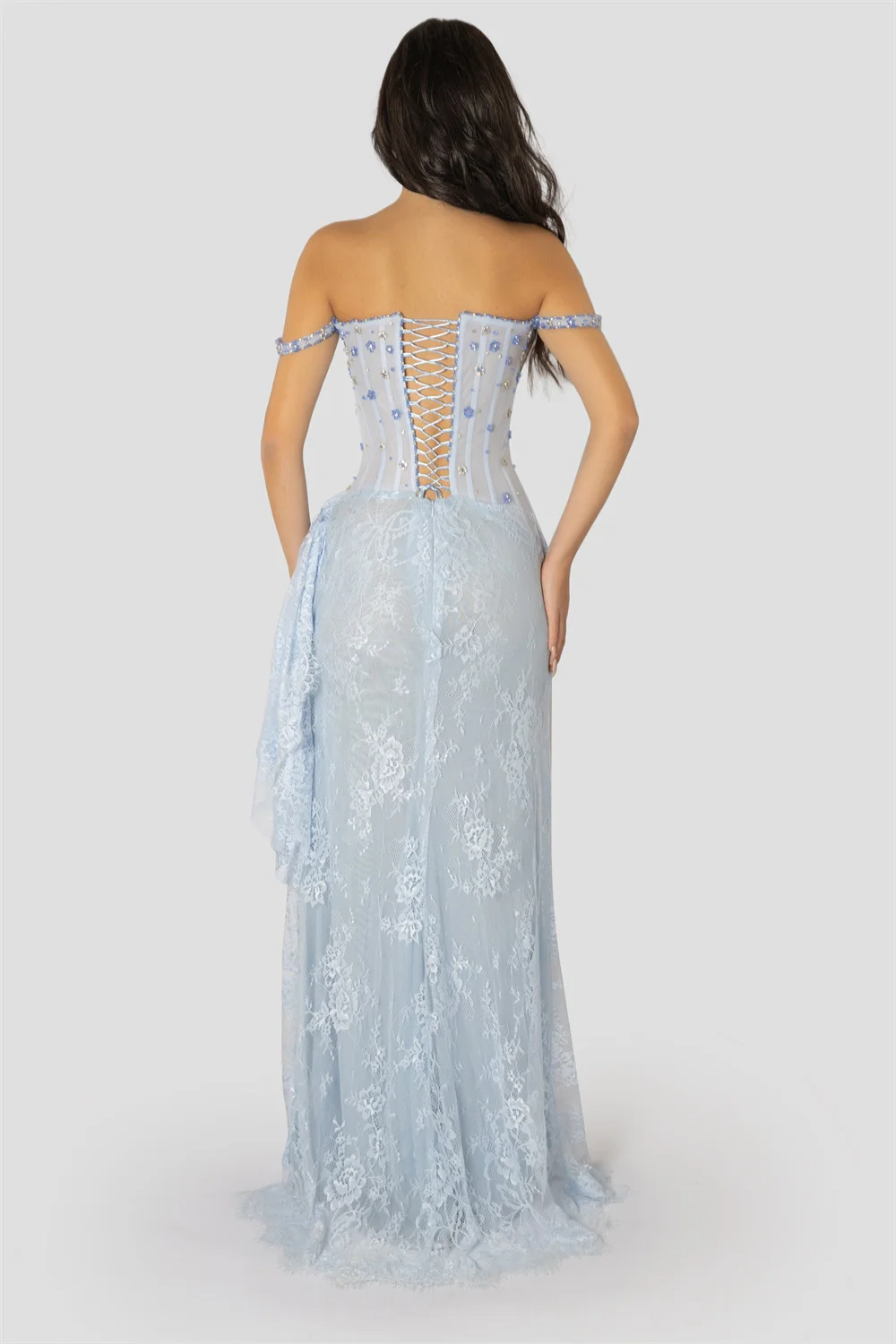 Customized Sky Blue Floral Lace Prom Dress Off The Shoulder Lace-up Back Floor-length Evening Dresses