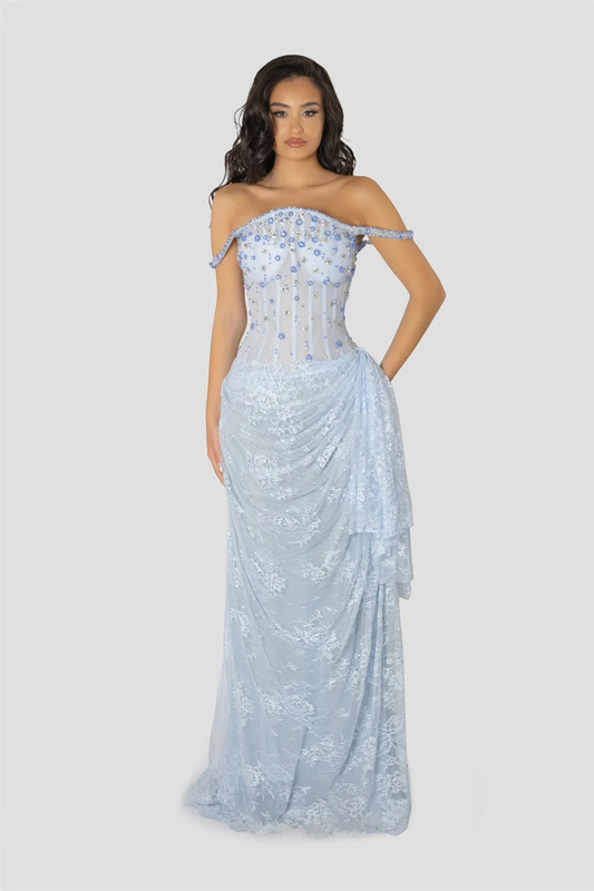 Customized Sky Blue Floral Lace Prom Dress Off The Shoulder Lace-up Back Floor-length Evening Dresses