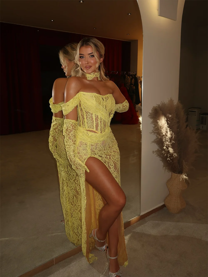Customized Yellow Lace One Shoulder Prom Dress Side Slit Detachable Sleeves Floor-length Formal Evening