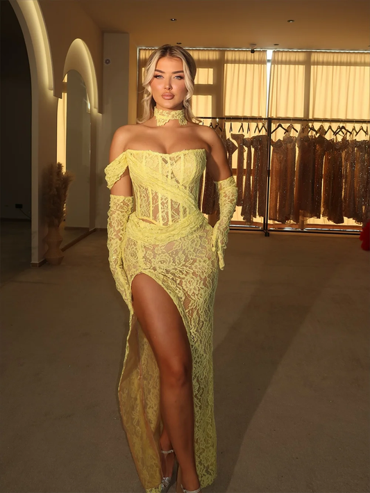 Customized Yellow Lace One Shoulder Prom Dress Side Slit Detachable Sleeves Floor-length Formal Evening