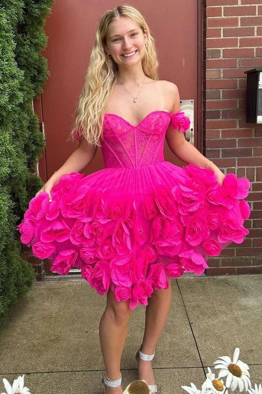 Cute A-Line Off the Shoulder Pink Satin Homecoming Dresses with Flowers
