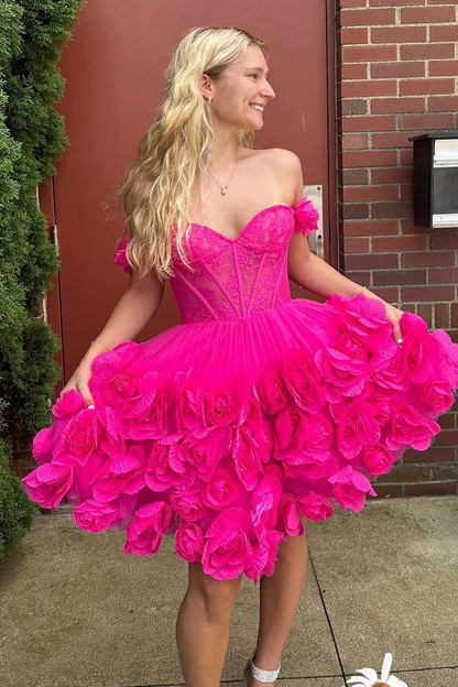 Cute A-Line Off the Shoulder Pink Satin Homecoming Dresses with Flowers
