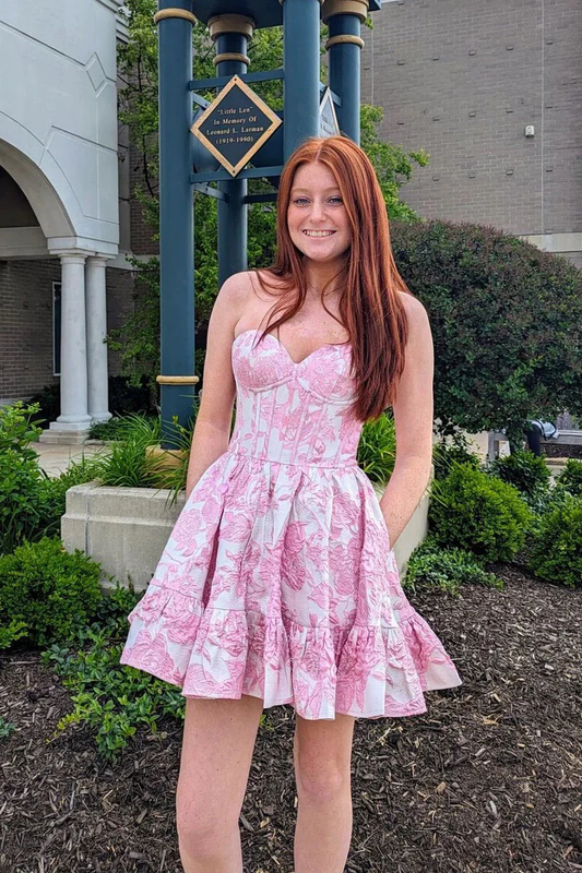 Cute A-Line Strapless Blue Jacquard Satin Short Homecoming Dresses with Pockets