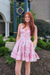 Cute A-Line Strapless Blue Jacquard Satin Short Homecoming Dresses with Pockets