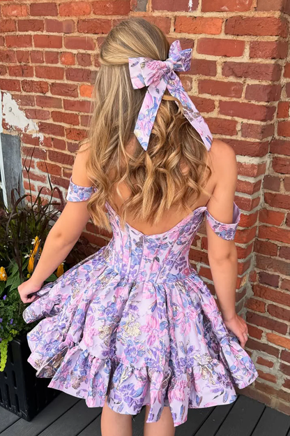 Cute A Line Off the Shoulder Lavender Jacquard Satin Short Homecoming Dress