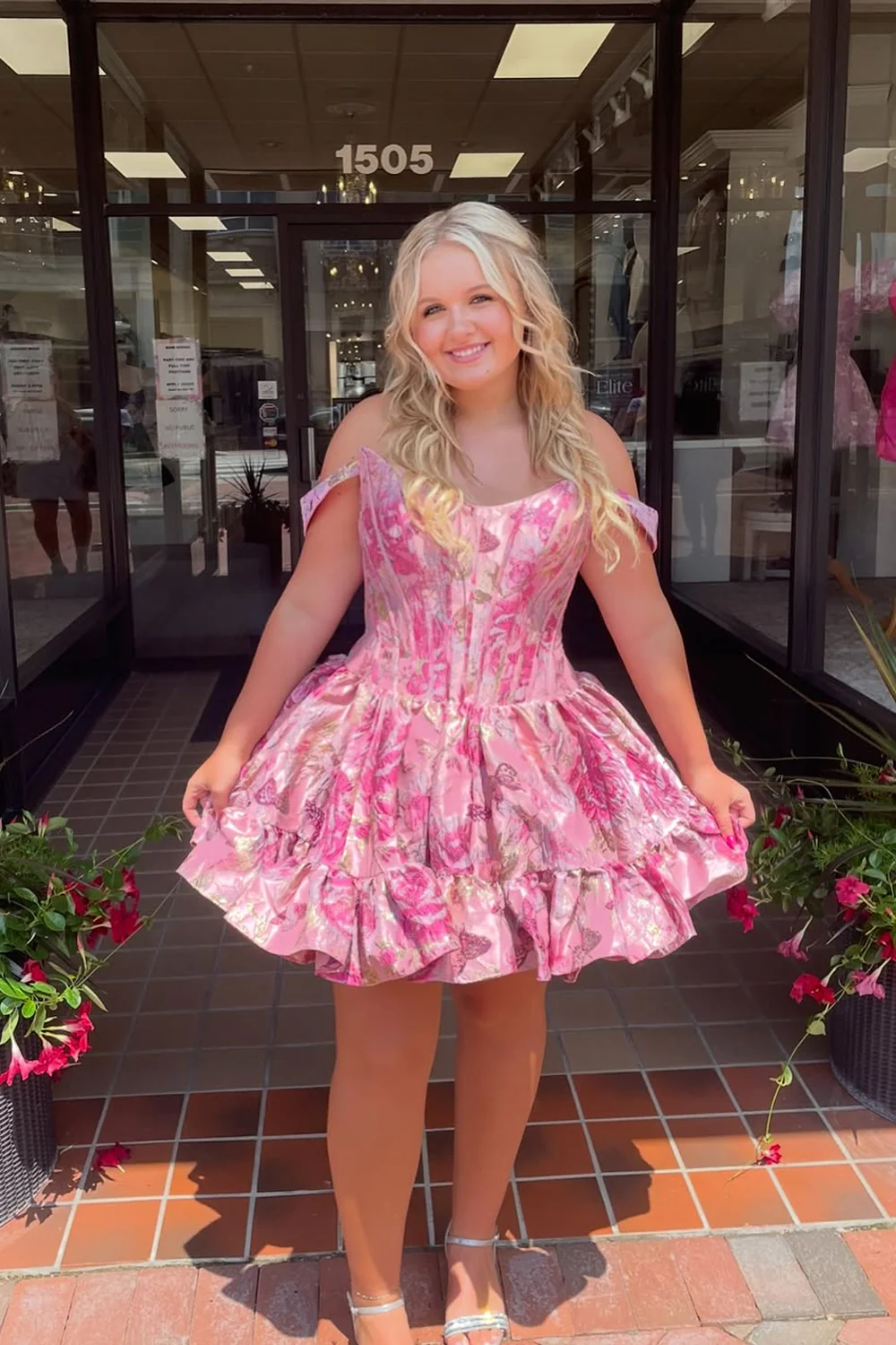 A Line Off the Shoulder Pink Jacquard Satin Homecoming Dress