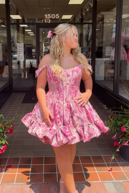 A Line Off the Shoulder Pink Jacquard Satin Homecoming Dress