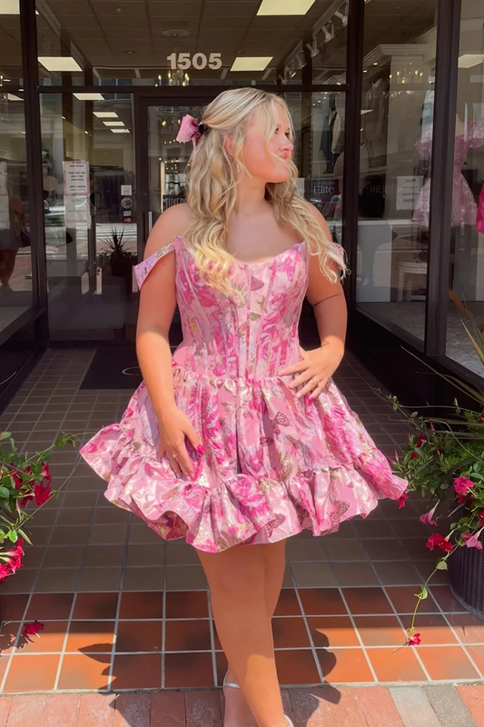 A Line Off the Shoulder Pink Jacquard Satin Homecoming Dress