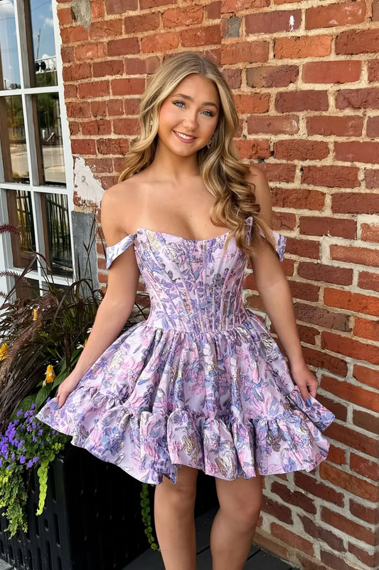 Cute A Line Off the Shoulder Lavender Jacquard Satin Short Homecoming Dress