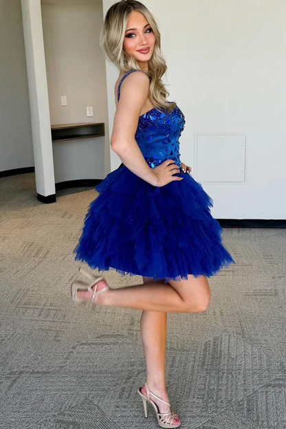 Cute A Line Straps Royal Blue Ruffled Tulle Homecoming Dresses with Beading