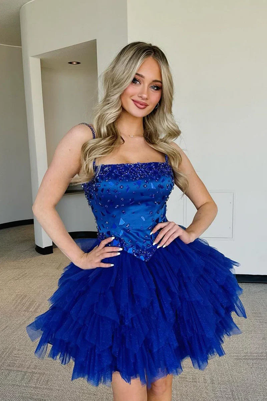 Cute A Line Straps Royal Blue Ruffled Tulle Homecoming Dresses with Beading