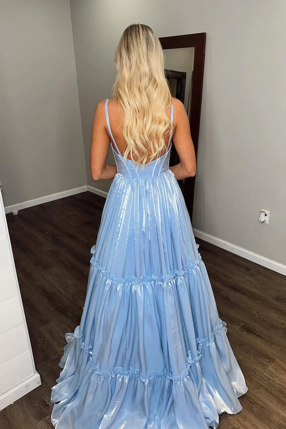 Cute A Line V Neck Light Blue Glitter Organza Satin Prom Dress