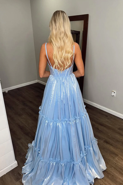 Cute A Line V Neck Light Blue Glitter Organza Satin Prom Dress