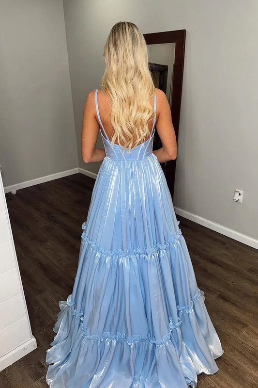 Cute A Line V Neck Light Blue Glitter Organza Satin Prom Dress