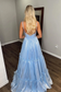 Cute A Line V Neck Light Blue Glitter Organza Satin Prom Dress