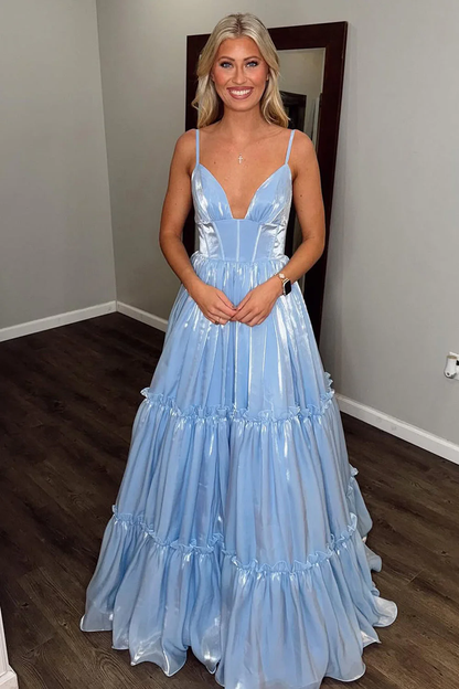 Cute A Line V Neck Light Blue Glitter Organza Satin Prom Dress