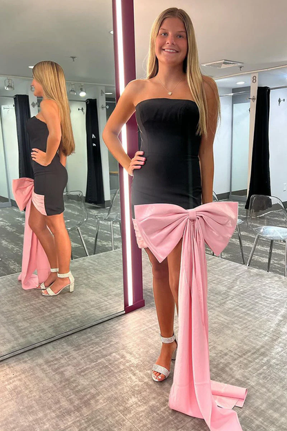 Cute Bodycon Black Satin Short Homecoming Dresses with Big Bow