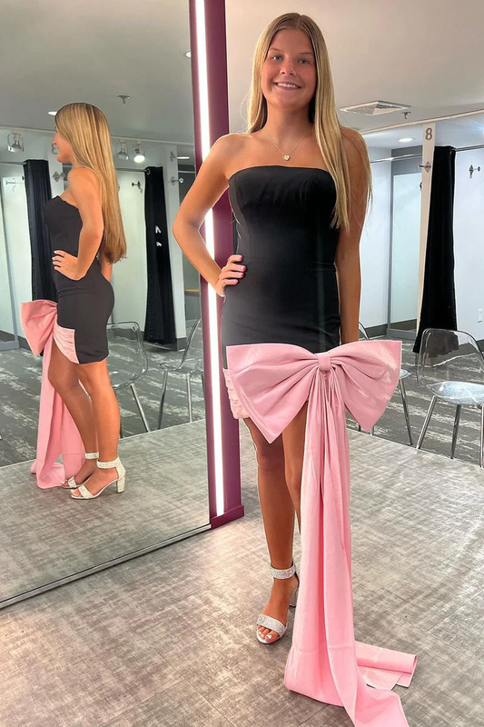 Cute Bodycon Black Satin Short Homecoming Dresses with Big Bow