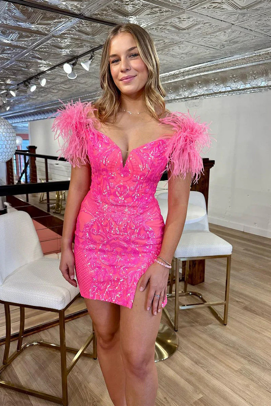 Cute Bodycon Off the Shoulder Hot Pink Sequins Homecoming Dresses with Feather