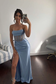 Cute Mermaid Cowl Neck Light Blue Satin Slit Prom Dresses