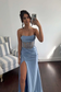 Cute Mermaid Cowl Neck Light Blue Satin Slit Prom Dresses