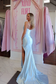Cute Mermaid Sweetheart Light Blue Satin Prom Dress with Beading