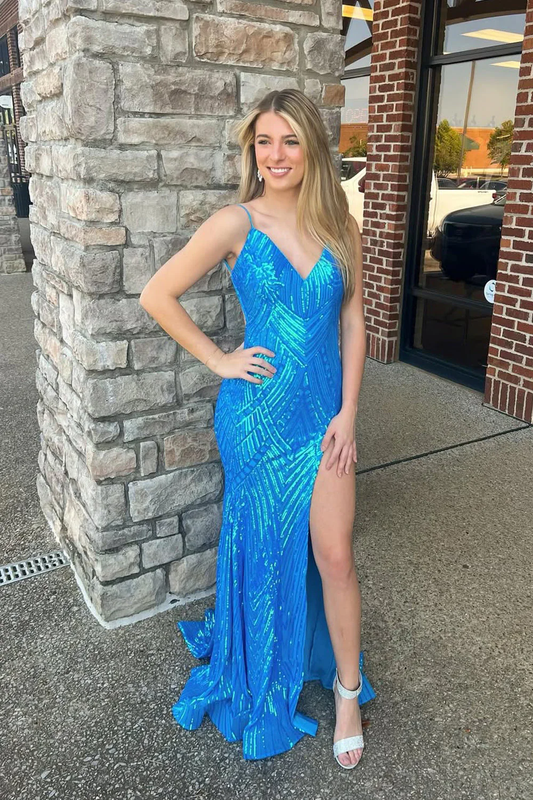 Cute Mermaid V Neck Blue Sequins Lace Slit Prom Dress