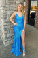 Cute Mermaid V Neck Blue Sequins Lace Slit Prom Dress