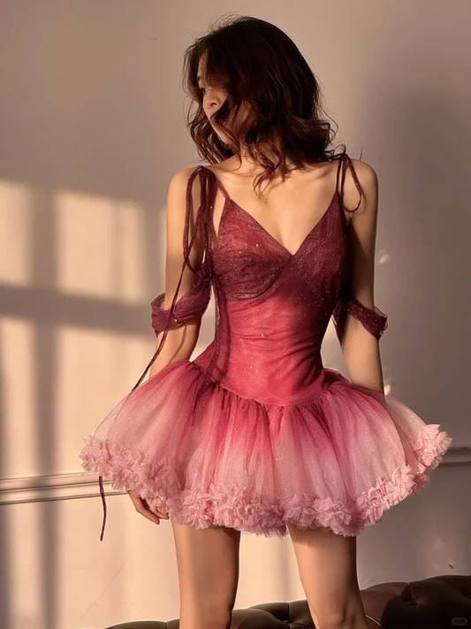 Cute Pink Ombre A Line Spaghetti Strap Sequin Tulle Short Homecoming Dress