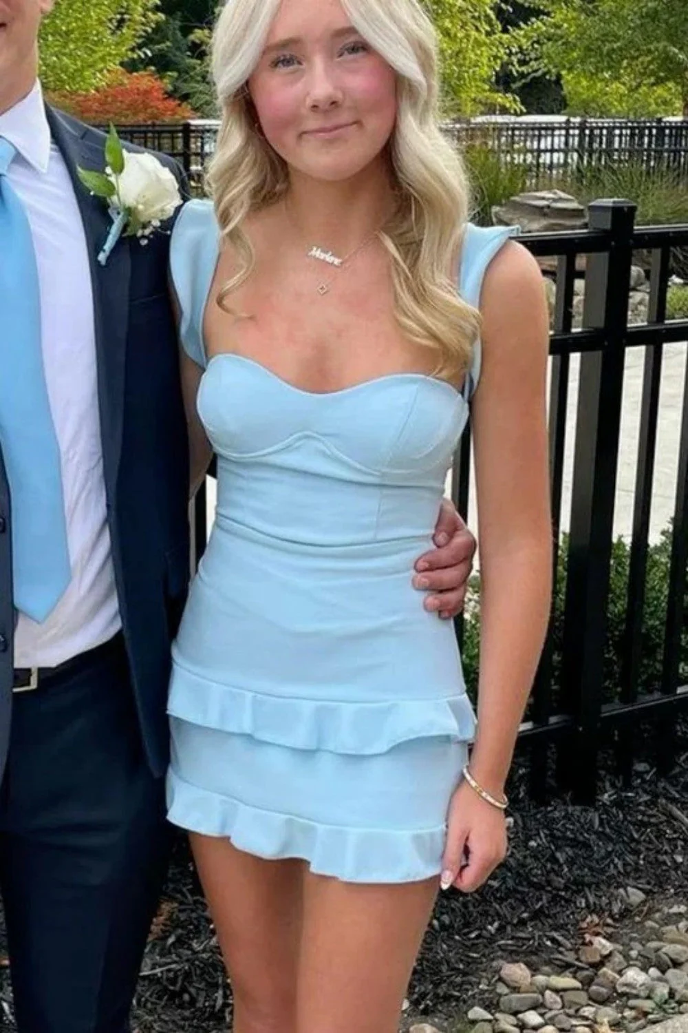 Cute Sweetheart Pink Satin Ruffle Mini Homecoming Dress with Ruffle Skirt Hem